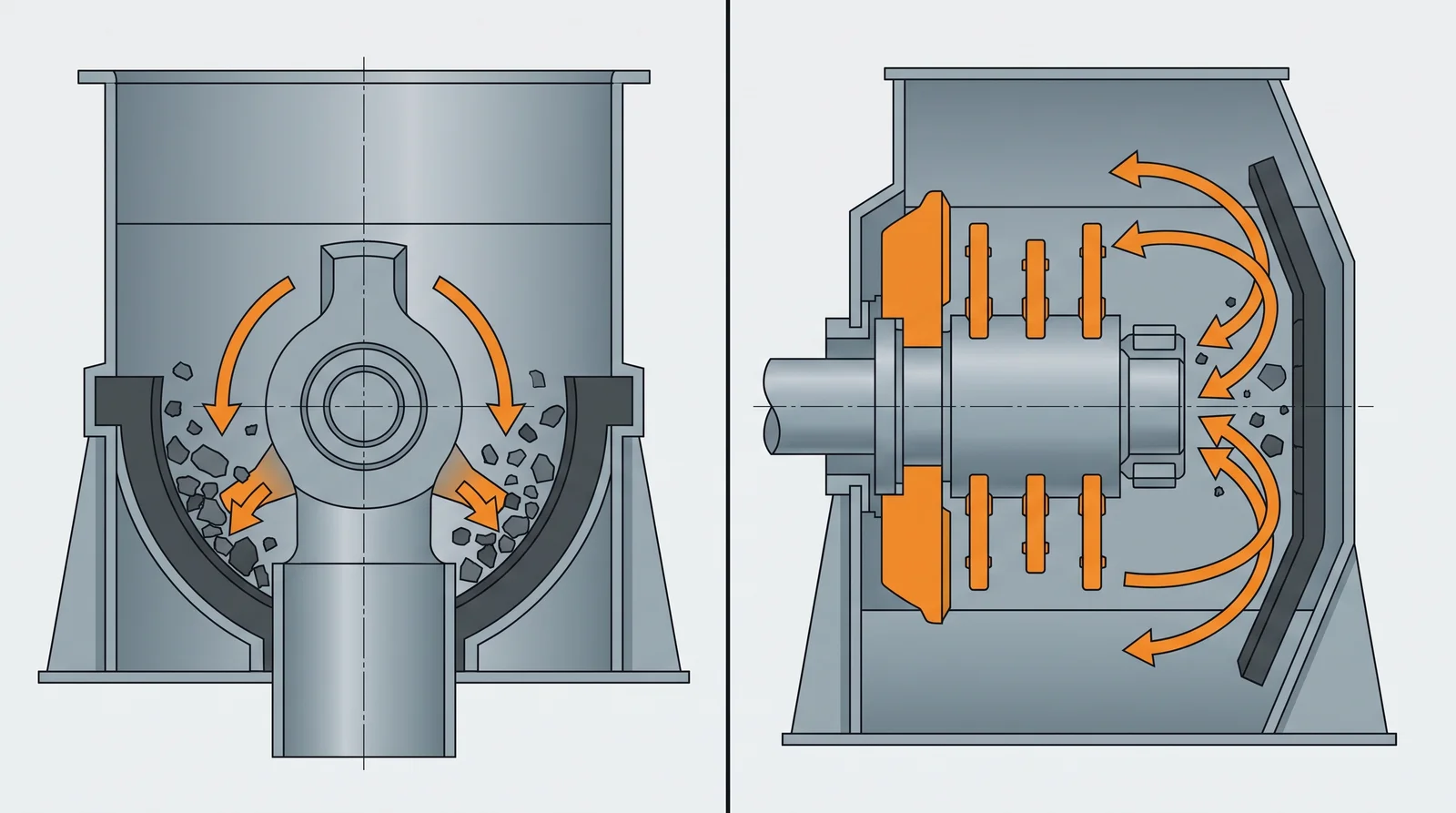 Cutaway diagram comparing VSI vertical rotor rock-on-rock crushing with HSI horizontal rotor blow bar crushing